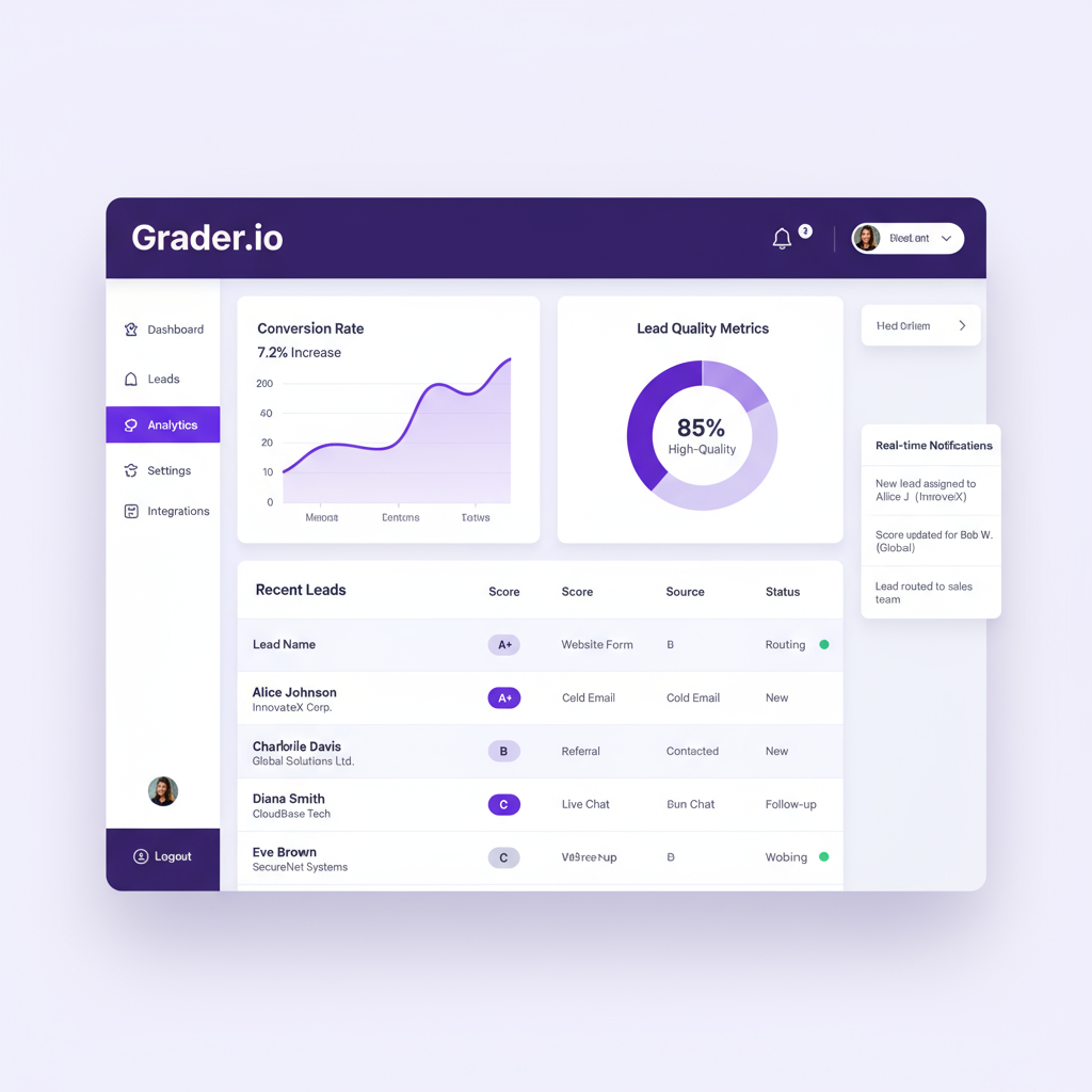 Grader.io lead scoring dashboard showing real-time lead analysis and routing